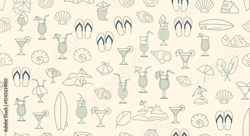 Summer themed pattern with cocktails surfboards shells and flipflops.