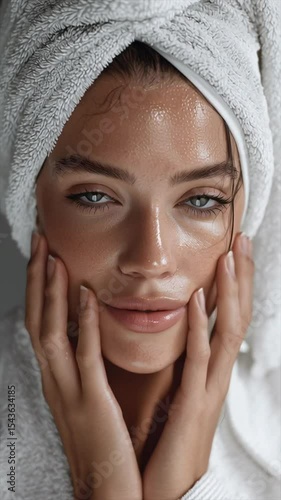 Attractive woman with fresh glowing skin and white towel wrapped around her head, gently massaging her cheeks or applying facial cream with both hands. Skincare routine, self-care, massage footage