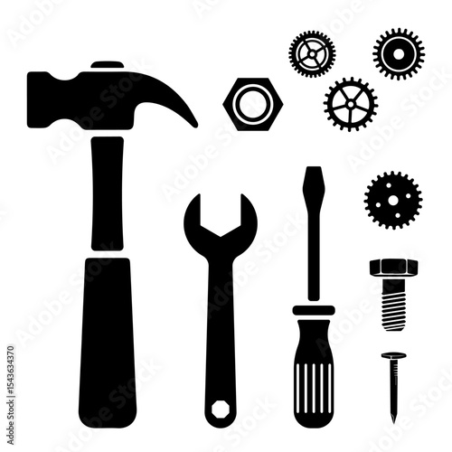 Mechanical tools vector illustration set, common hardware and gears. Cogwheel, wrench, hammer, screwdriver, bolt, nut and nail. Industrial graphic for construction themes, repair services, engineering