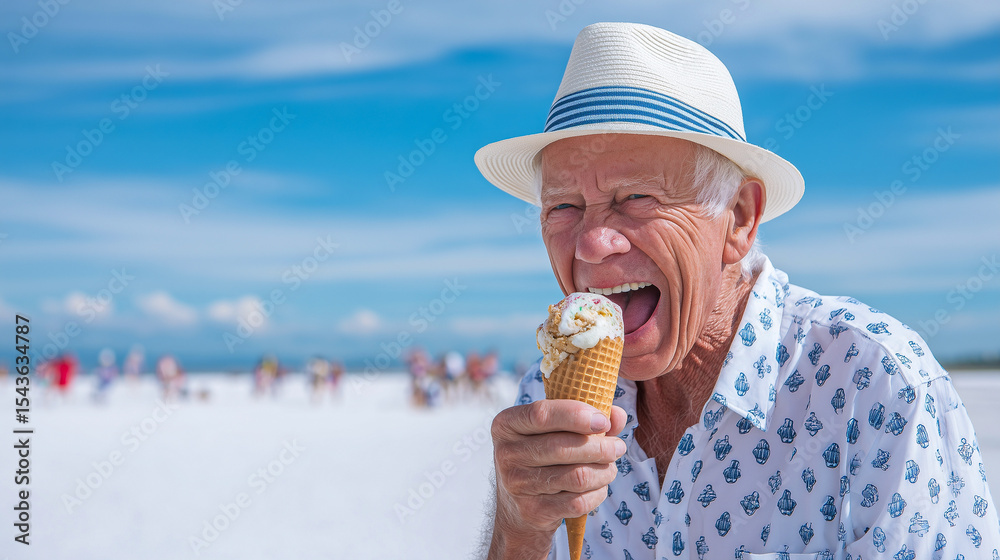 Fototapeta premium Happy smiling grandfather or elderly man in hat eating delicious ice cream in waffle cone