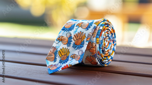 Whimsical turkey print tie in bright colors, rolled neatly on wooden surface, adds playful touch to any outfit
