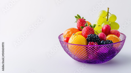 Fresh fruit in vibrant purple wire basket, showcasing colorful berries, grapes, and citrus fruits, creating cheerful display