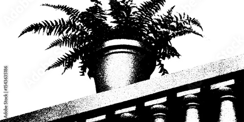 Fern plant in pot on fractured balustrade post for architectural design and decor