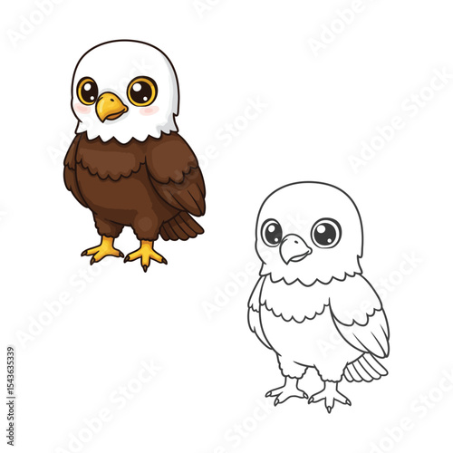 "Cartoon Eagle Drawing – Bald Eagle in Color and Outline for Kids"