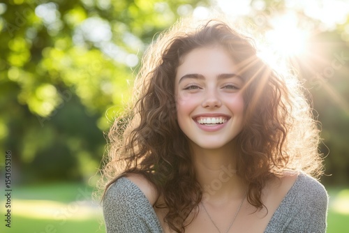 Beautiful smiling woman enjoying sunlight in green park