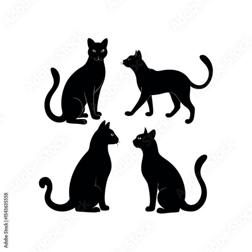 Elegant Black Cat Silhouettes Four Poses, Vector Illustration, Perfect for Design Projects