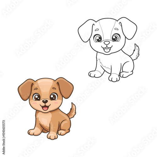 "Cartoon Puppy Drawing – Cute Dog in Color and Outline for Kids"