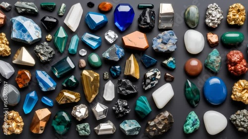 Various Gemstones and Minerals Arranged on a Flat Surface, Perfect for Backgrounds and Visuals
