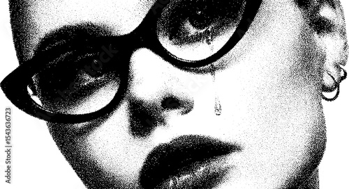 Emotional portrait of girl with tearful eyes and daith piercing in watercolor style
