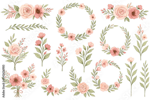 Elegant floral collection watercolor style featuring roses and greenery for beautiful decorative designs