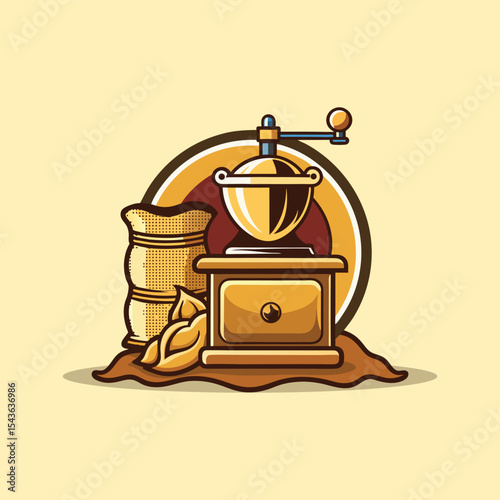 Rustic Coffee Mill An old-fashioned coffee grinder and burlap sack logo for a traditional roaster feel Vector Illustration