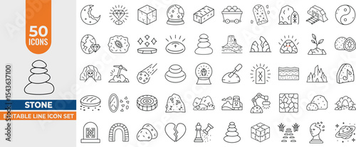 Stone & Boulder Line Icons Set – 50 Editable Vector Symbols for Rocks, Mining & Cracks. Editable Stroke. Vector illustration
