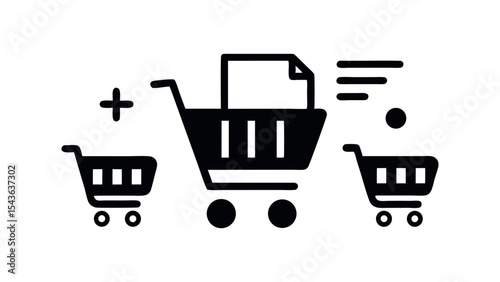 E-commerce Shopping Cart with Document and Product Icons in Silhouette Style for Online Store and Digital Commerce Graphics