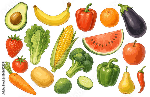 Vibrant assortment of freshly picked fruits and vegetables isolated on a clean white background creating a colorful illustration