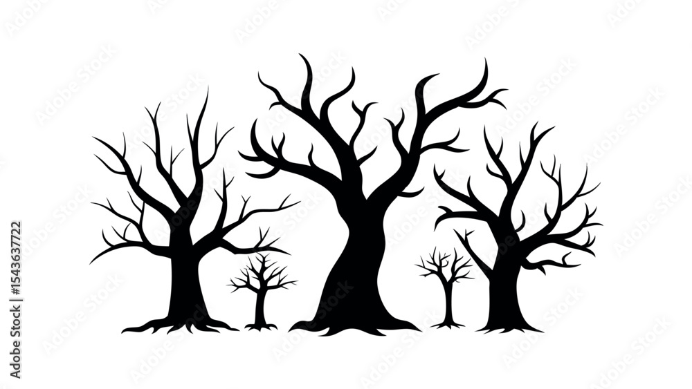 Fototapeta premium Scary Spooky Tree Silhouette Vector with Ground and Mist Effect for Halloween, Horror Forest, and Haunted Night Designs