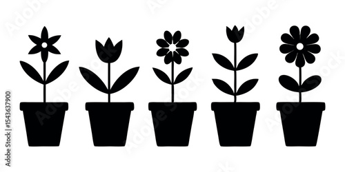 Potted Flower Silhouette Vector Set in Black for Gardening, Spring, and Home Decor Designs, Minimal Floral Clipart
