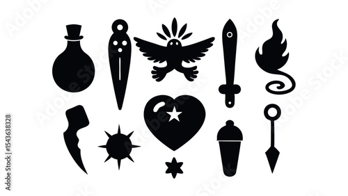 Adorable Baby Essentials and Toy Silhouette Vector Set Including Rattles, Bottles, Stars, and Hearts for Baby Shower and Kids Designs