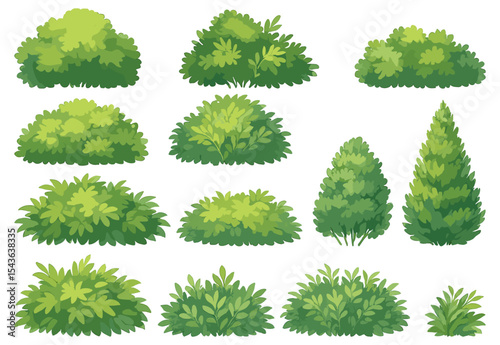 Various cartoon style bushes and shrubs in different shapes and sizes on a white background vector