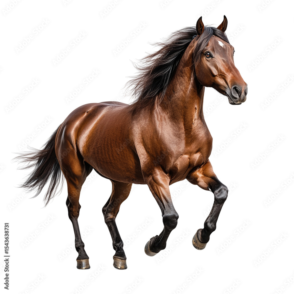 Obraz premium Brown horse with long mane standing and galloping on transparent background.