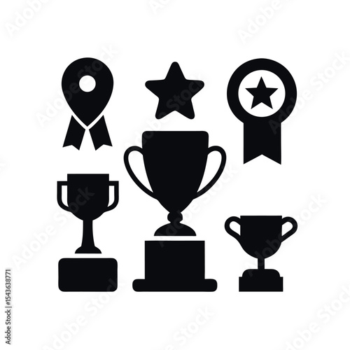 Silhouette collection of trophies, medals, and awards, perfect for achievement, sports, competition, winning concepts, and celebration visuals.