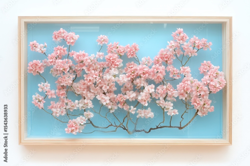 Fototapeta premium Preserved blossom display in a light wood frame.