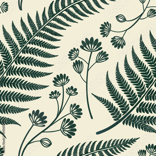 Seamless pattern with green olive branches, leaves, and floral elements, a vintage vector illustration for natural design and wallpaper
