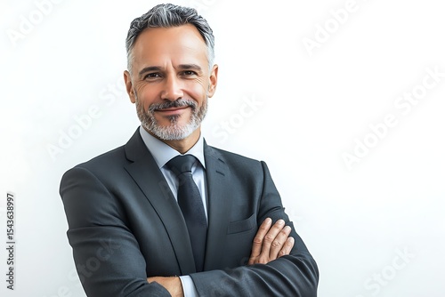 Confident Mature Businessman in Dark Suit Smiling with Arms Crossed Against White Background