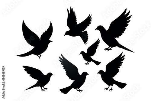 Silhouettes of a flock of birds flying in different directions, great for freedom themes, nature illustrations, peaceful skies, and wildlife motion concepts.