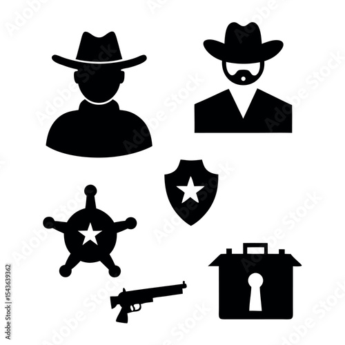 Silhouettes of sheriff and cowboy symbols including star badge and western accessories, perfect for wild west themes, law enforcement, and western adventure art.