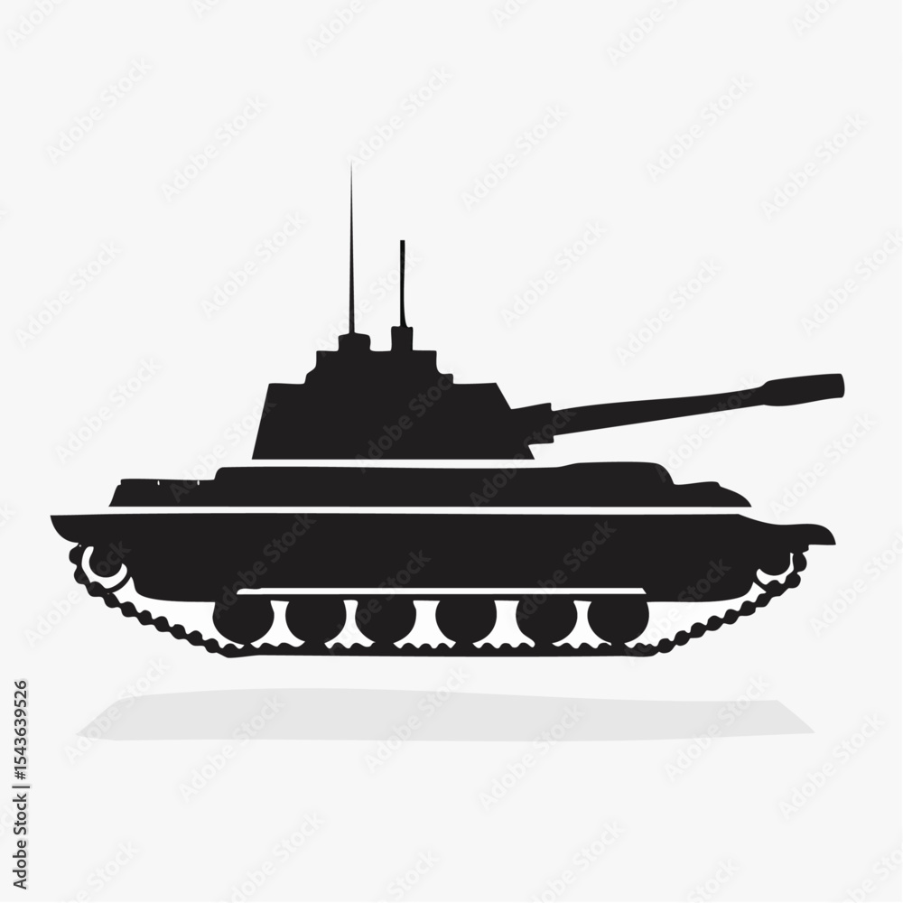 Fototapeta premium Black silhouette of a tank isolated on a white background with a subtle shadow.