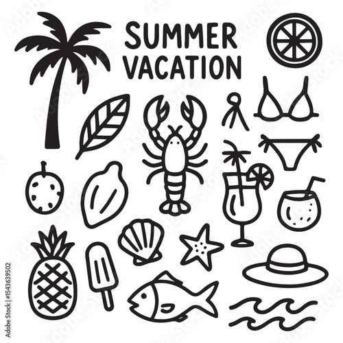 Hand drawn palm tree, fruit, lobster, seafood, shell, bikini, 
cocktail. Coastal collection for card, prints, wedding invitation.