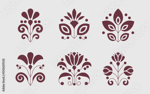 Six symmetrical floral designs are arranged in two rows, each featuring intricate patterns of leaves and buds in a deep burgundy color.