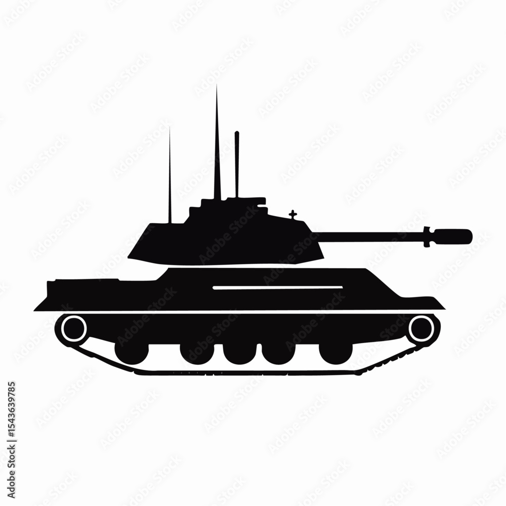 Fototapeta premium Vector illustration of a modern military tank in black silhouette isolated on white background.