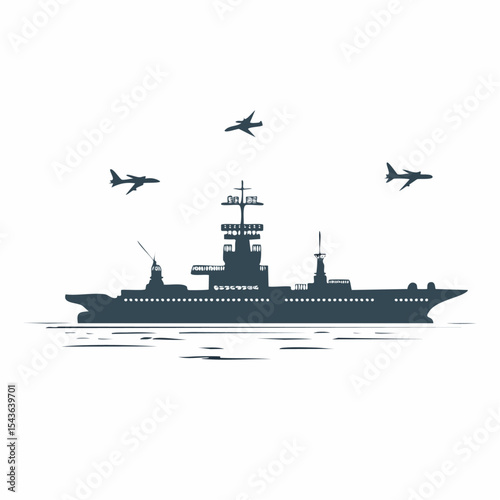 Silhouette illustration of an aircraft carrier with airplanes flying in the sky