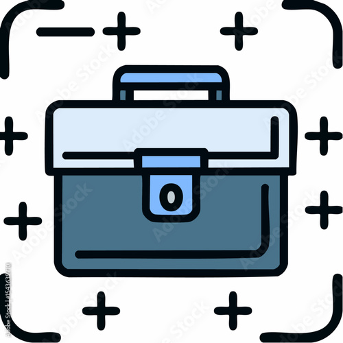 Simple blue and gray briefcase illustration with plus signs around a square border