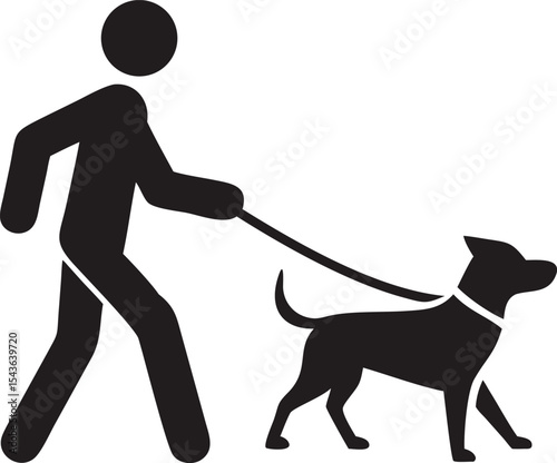 Black and white vector icon of a dog walker and pet on a leash in minimalist silhouette style, representing pet ownership, care, exercise, and animal-friendly area signage