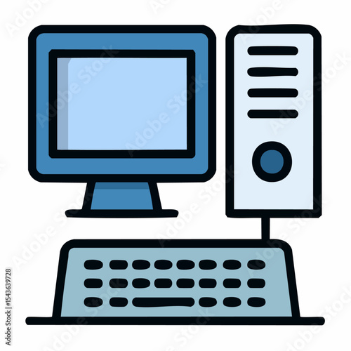 Simple vector illustration of a desktop computer with monitor, keyboard, and CPU tower.
