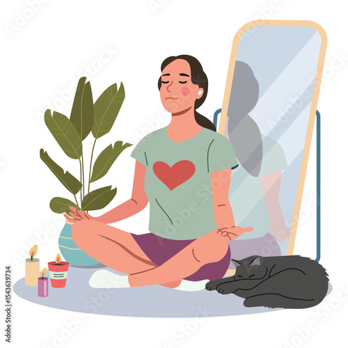 Young woman doing yoga. Woman relaxing in the lotus position. Vector flat cartoon illustration.