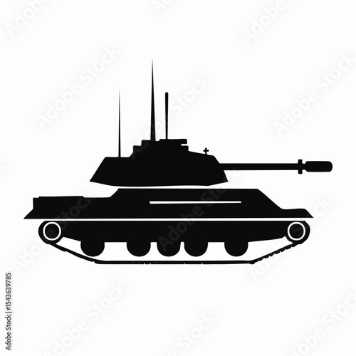 Vector illustration of a modern military tank in black silhouette isolated on white background.