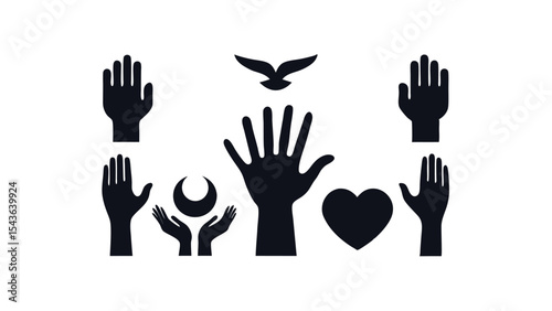 Silhouette of raised hands with a heart and dove, symbolizing peace, love, hope, freedom, support, charity, and humanitarian or religious concepts.
