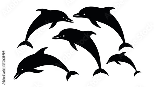 Silhouettes of dolphins jumping from water, great for marine life, sea animals, ocean themes, aquatic wildlife, and playful nature illustrations.