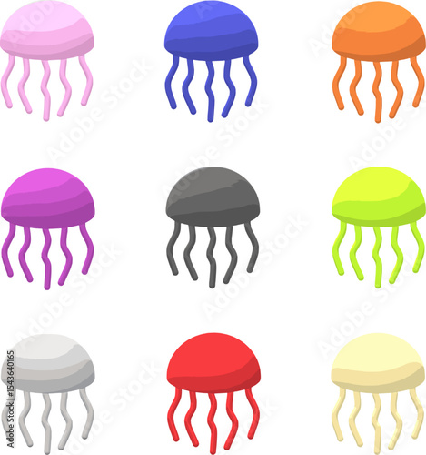 A collection of adorable, brightly colored jellyfish graphics, with each one designed in a moden vector style.