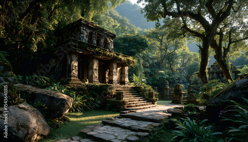 Fototapeta Naklejka Na Ścianę i Meble -  Ancient temple in lush jungle ideal for adventure travel inspiration, depicting serenity, spirituality and Southeast Asian heritage architecture