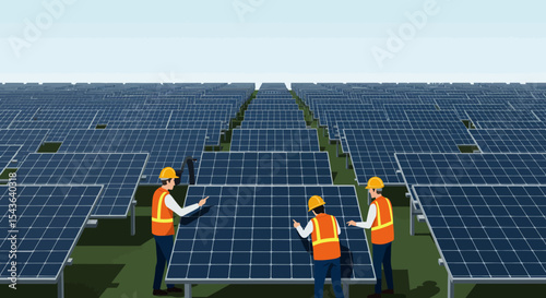 Energetic soccer players on a green field with a ball, overlooked by a sky and renewable solar panels, symbolize the power of green technology and alternative energy