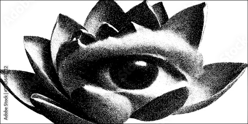 Surreal lotus bloom with third eye in high contrast black and white design