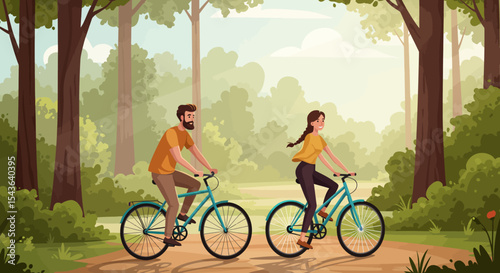 A happy couple enjoys a leisurely bicycle ride through a sun-dappled forest path.