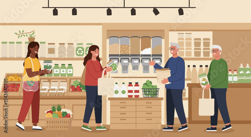 Shoppers browse and purchase groceries at a sustainable, eco-friendly store.