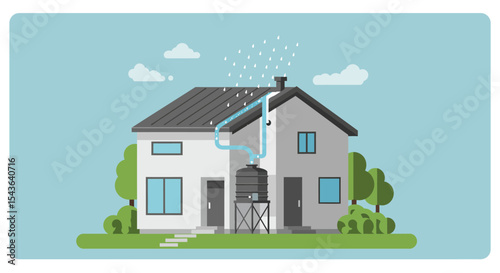 Illustration of rainwater harvesting system on a house, with water flowing from the roof into a storage tank.