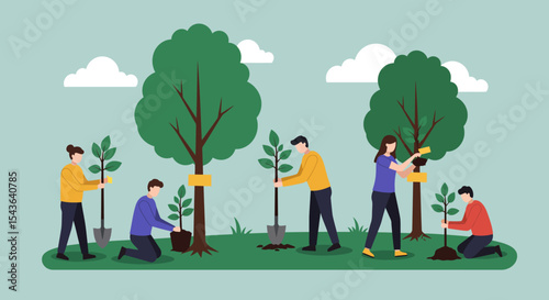 People planting trees in a park, working together to improve the environment and promote reforestation.