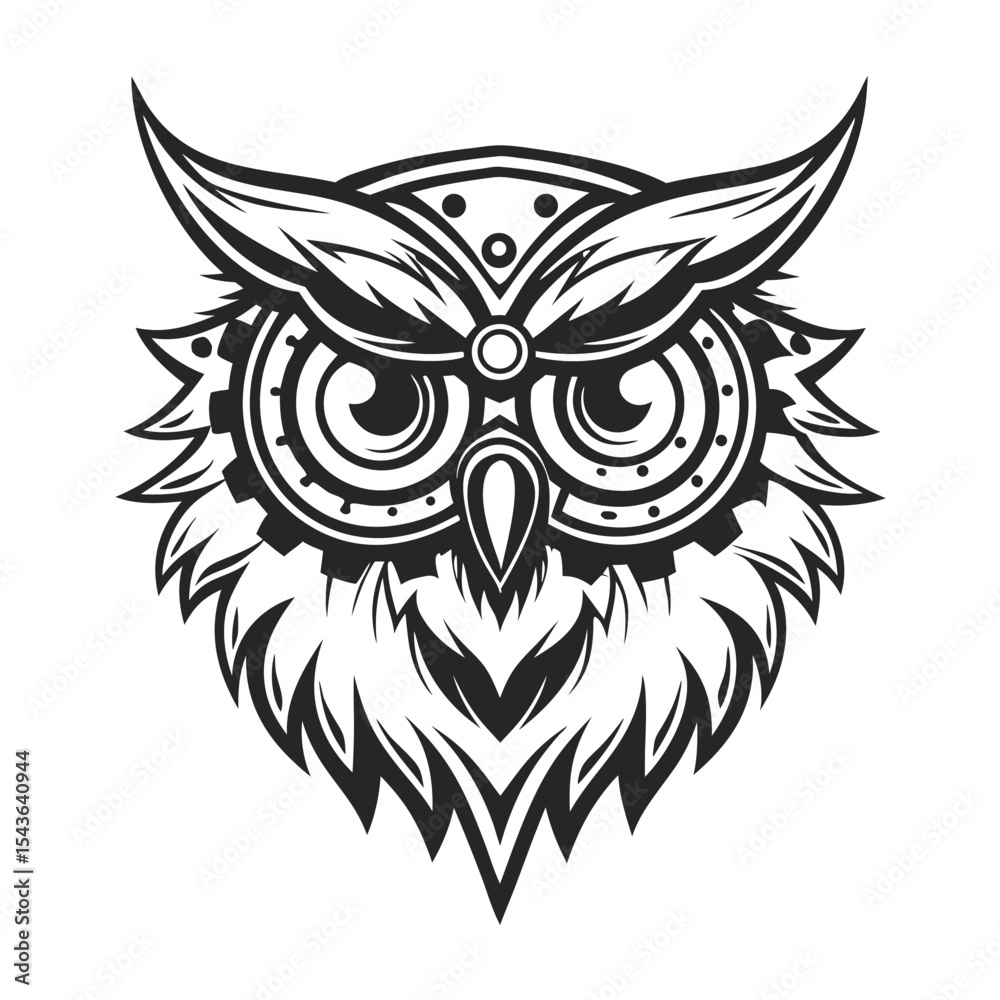 Obraz premium Detailed Black and White Vector Illustration of an Owl Head with Steampunk Accents, Featuring Intricate Gear Details and Ornamental Feathers on a White Background